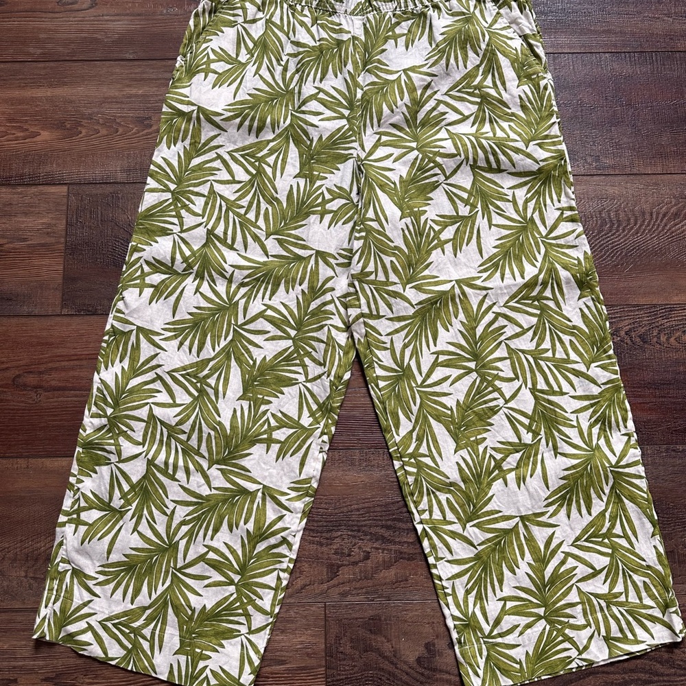 Nicole Miller Large Cream and Green Linen Wide Leg Pants